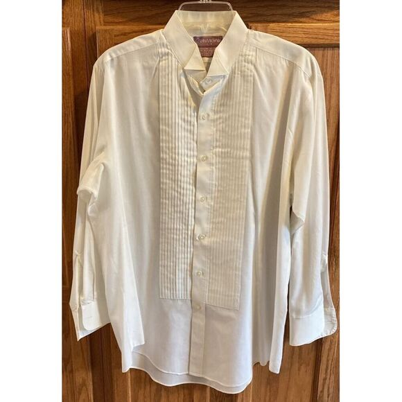 Calvin Michaels Mens Dress Shirt Ivory Wingtip Collar Ribbed Barrel Cuff L - Picture 1 of 6